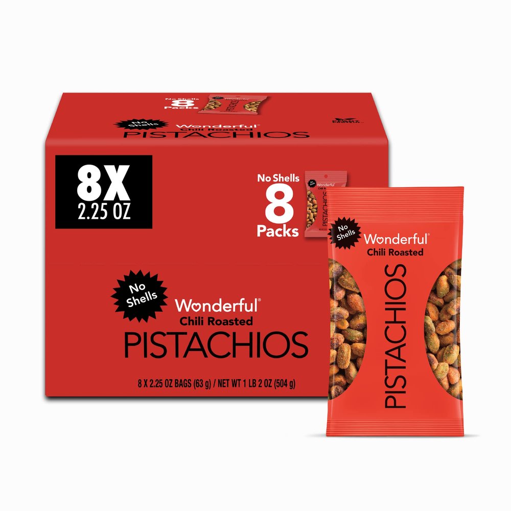 Wonderful Pistachios No Shells, Chili Roasted Nuts, 2.25 Ounce (Pack of 8), Protein Snacks, Gluten Free, Pantry Staples, Healthy Lunch & Office Snacks
