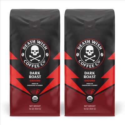 Death Wish Coffee Dark Roast Grounds -16 Oz, 2 Packs of Bold & Intense Blend of Arabica & Robusta Beans - USDA Organic Ground Coffee - Pack of 2