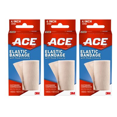 ACE Elastic Bandage with Hook Closure, 4 Inches Wide, Pack of 3  Adjustable Compression Wraps for Injury Support and Recovery