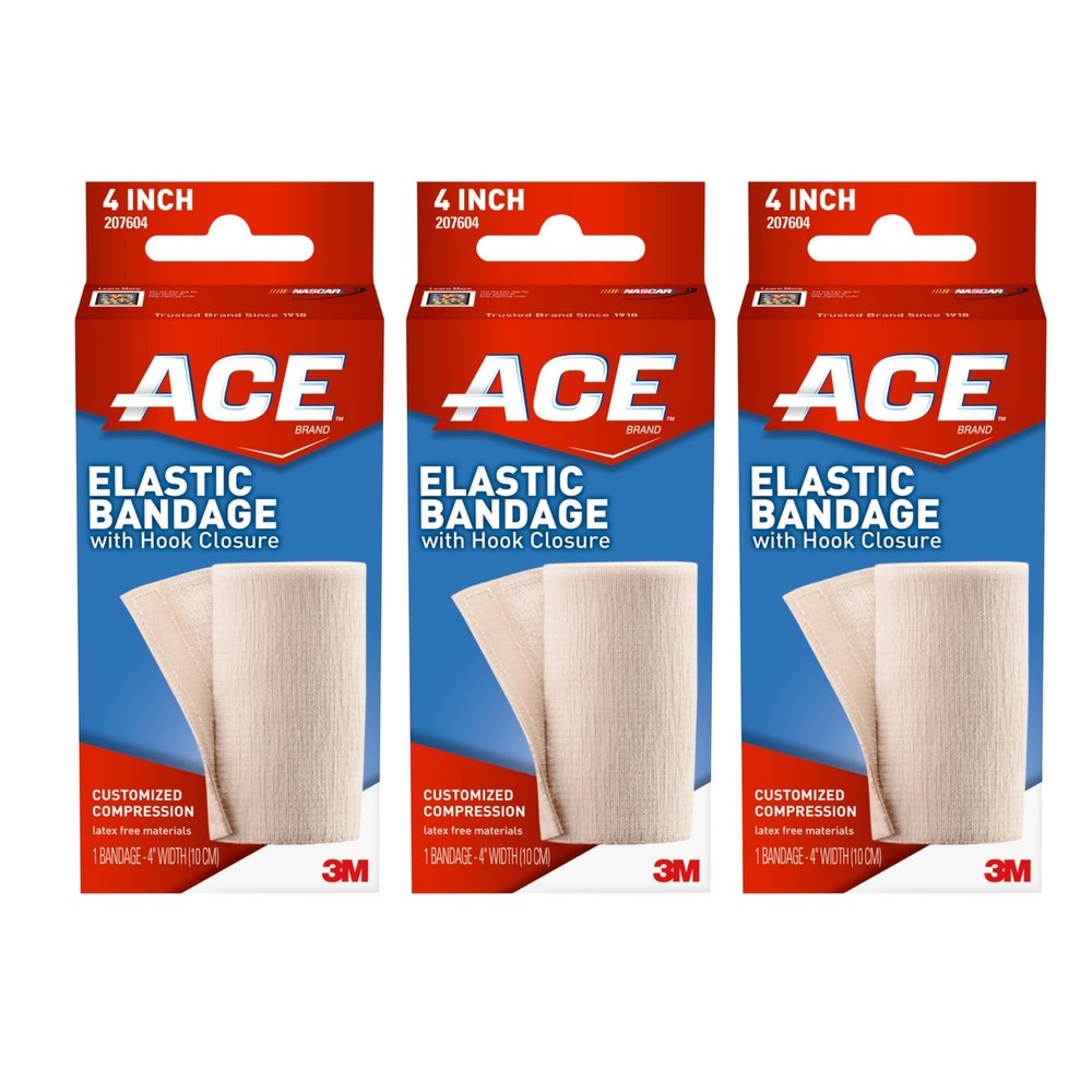 ACE Elastic Bandage with Hook Closure, 4 Inches Wide, Pack of 3  Adjustable Compression Wraps for Injury Support and Recovery
