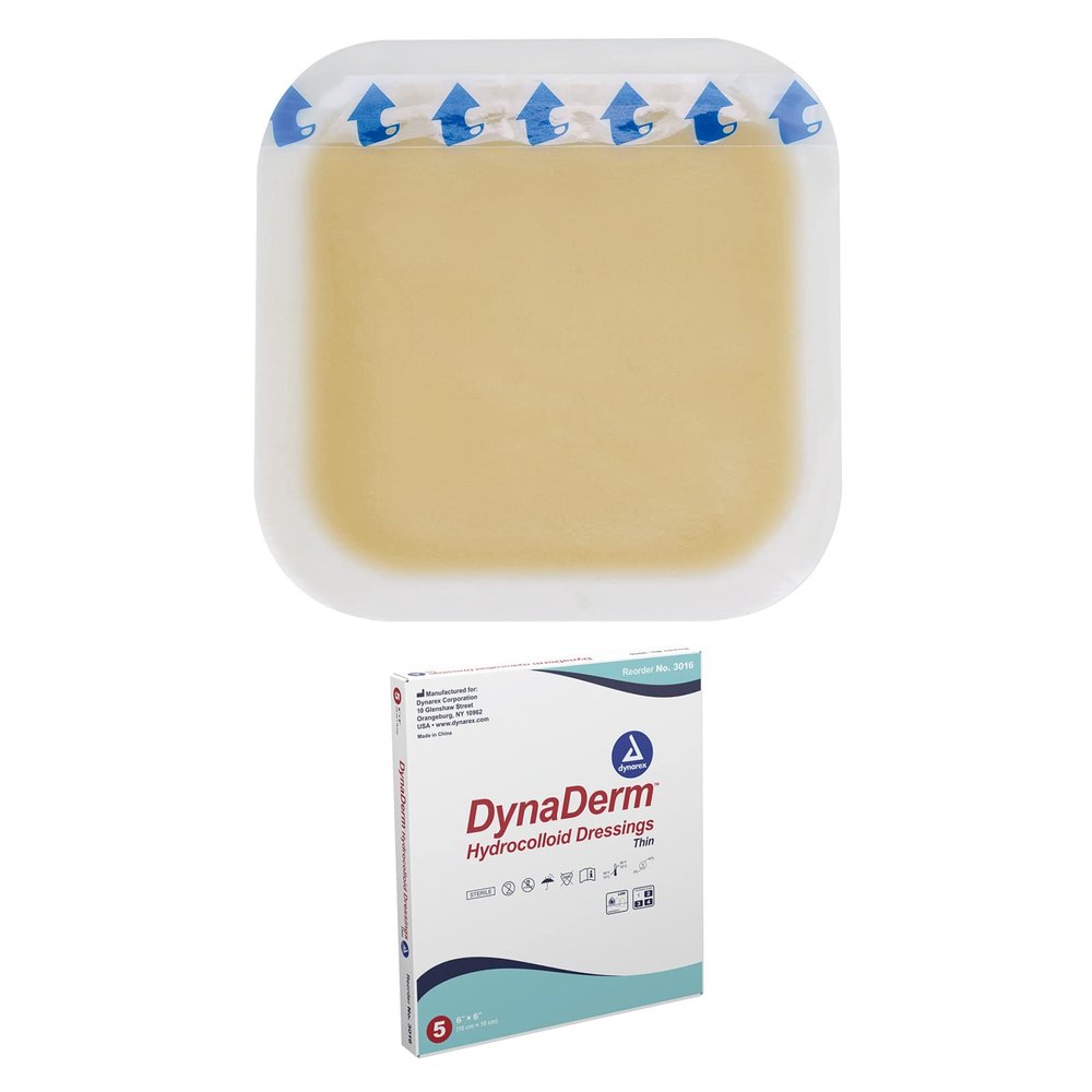 Dynarex DynaDerm Hydrocolloid Dressings, Sterile Moist Bandages Used for All Kinds of Wounds, 6" x 6", Thin & Latex-Free, Peel-Down Patches - 1 Box of 5 Dressings (Packaging May Vary)