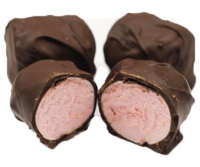 Scott's Cakes Dark Chocolate Covered Pink Strawberry Marshmallows in a 1 Pound Clear Cello Bag