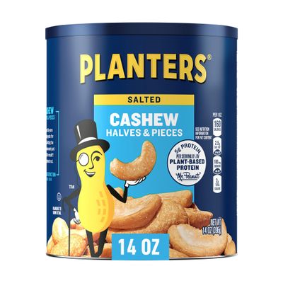 PLANTERS Salted Cashew Halves & Pieces, Party Snacks, Plant-Based Protein, 14 Oz Canister