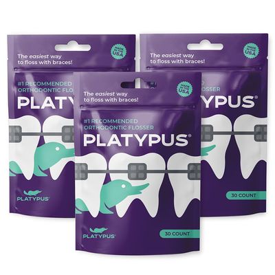 Platypus Orthodontic Flossers for Braces, 30 Count (Pack of 3), Ortho Picks for Adults & Kids, Fits Under Arch Wire, Non-Damaging, Encourage Flossing Habits