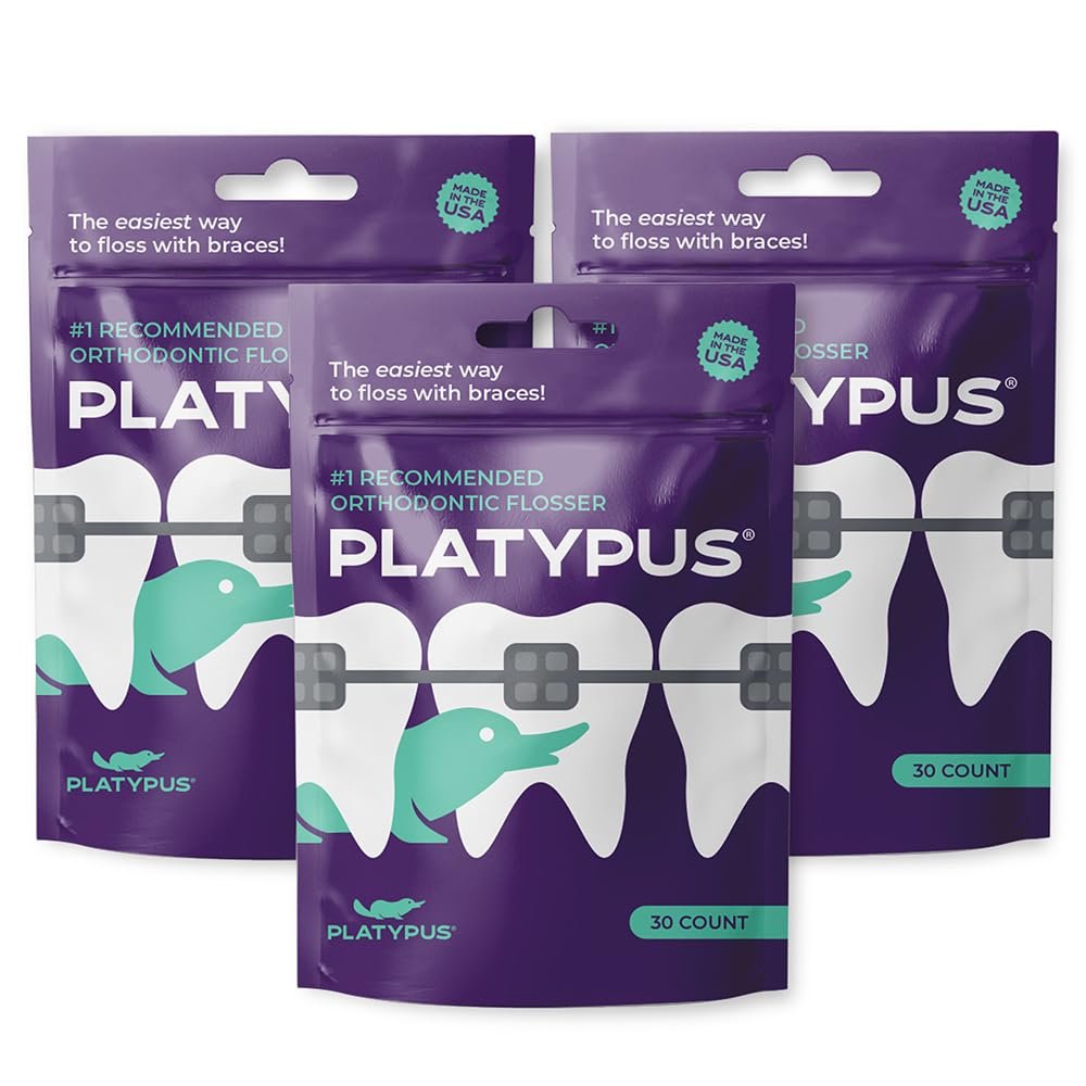 Platypus Orthodontic Flossers for Braces, 30 Count (Pack of 3), Ortho Picks for Adults & Kids, Fits Under Arch Wire, Non-Damaging, Encourage Flossing Habits