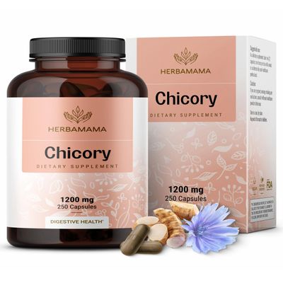 HERBAMAMA Chicory Root Fiber Capsules - 1200mg Chicory Root Powder for Gut Cleanse & Digestive Support - Vegan, Non-GMO Inulin Prebiotic Fiber Supplement