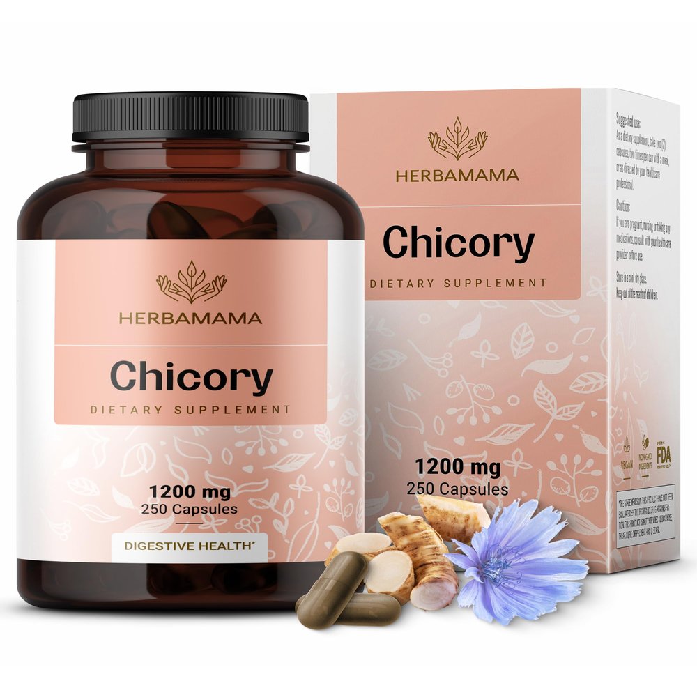 HERBAMAMA Chicory Root Fiber Capsules - 1200mg Chicory Root Powder for Gut Cleanse & Digestive Support - Vegan, Non-GMO Inulin Prebiotic Fiber Supplement
