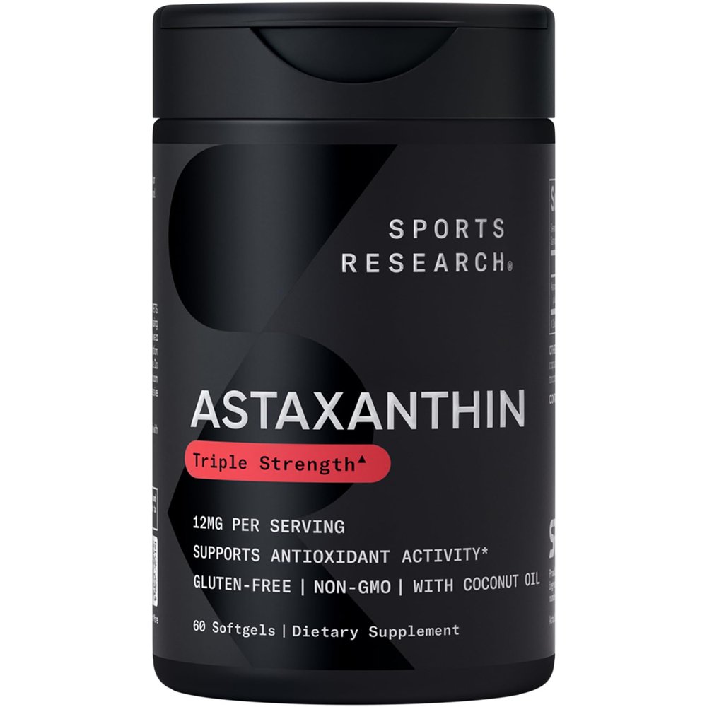Sports Research Triple Strength Astaxanthin 12mg w/Organic Coconut Oil - Antioxidant Supplement for Skin & Eye Health Support* - Soy Free  Non-GMO  Gluten Free - 60 Softgels