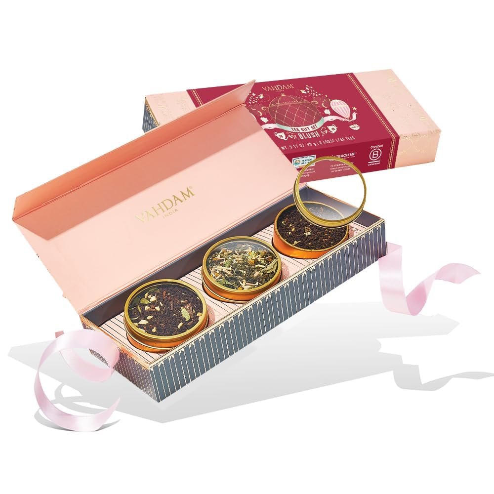 VAHDAM, BLUSH - Assorted Tea Gift Set, 3 Premium Teas in Tin Caddy Presentation Box | Loose Leaf Teas | Gift for everyone