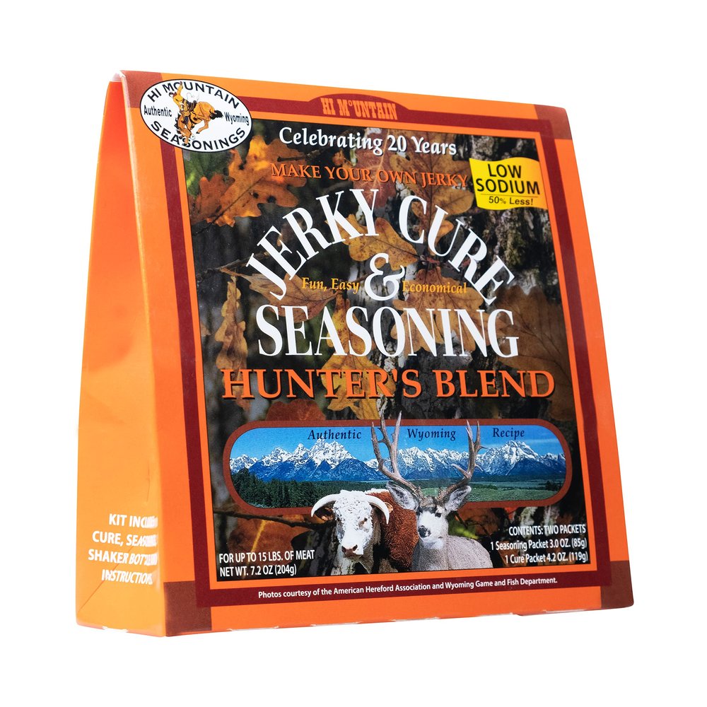 Hi Mountain Jerky Seasoning and Cure Kit | LOW SODIUM HUNTERS BLEND | Beef Jerky Seasoning | Perfect for Beef, Venison, Elk, & Deer | Seasons up to 15 lbs. of Meat (1 Box)