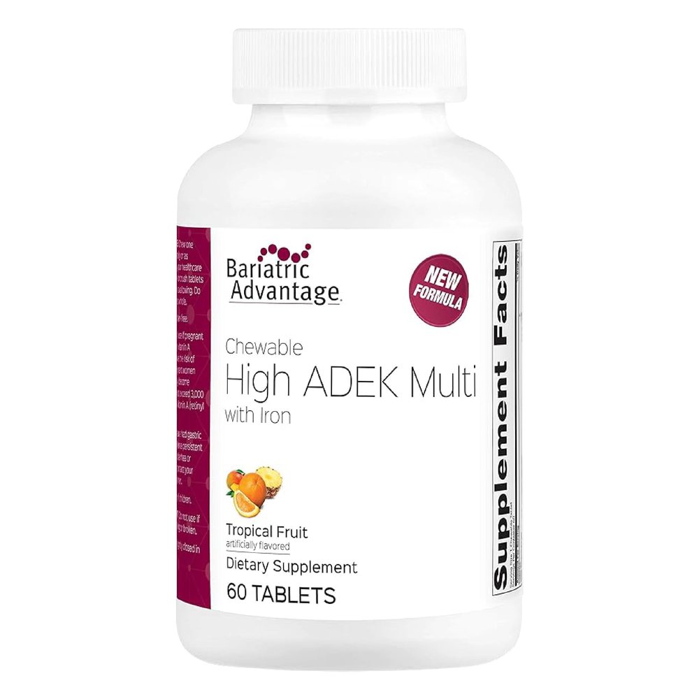 Bariatric Advantage Chewable High ADEK with Iron - for Bariatric Patients - High Potency Vitamin A, D, E & K - Includes B-Vitamins - Chewable Multivitamins - Tropical Fruit - 60 Count