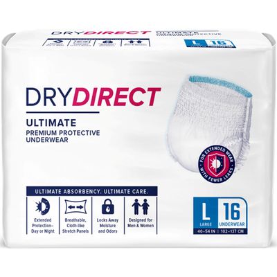 Dry Direct Ultimate Underwear, Made-in-USA Adult Diapers, Max Absorbency Disposable Incontinence Protection - Large (Pack of 16)