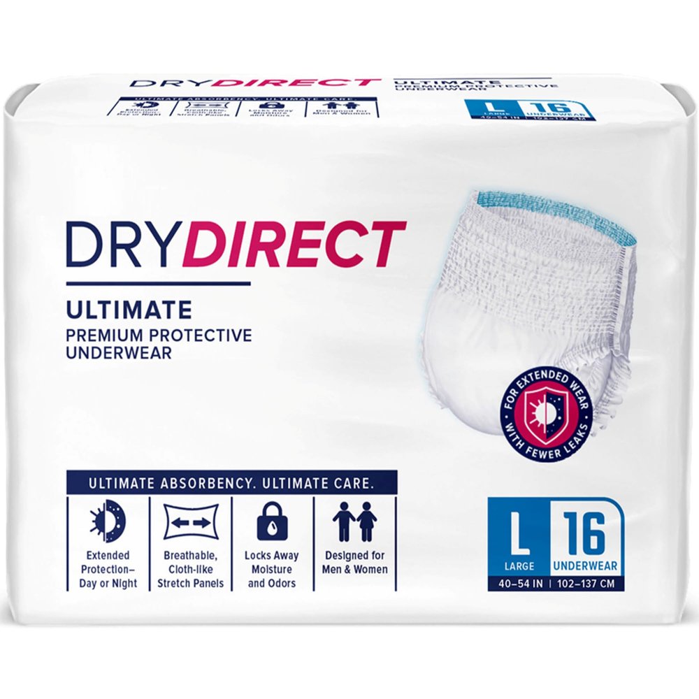 Dry Direct Ultimate Underwear, Made-in-USA Adult Diapers, Max Absorbency Disposable Incontinence Protection - Large (Pack of 16)