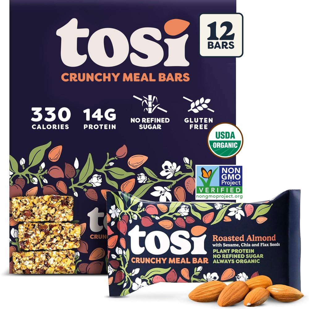 Tosi Meal Nut Bars, Almond, Healthy Snacks for Adults & Kids, Crunchy Plant Based Protein Bar (14G), Keto Snacks, Vegan, Gluten & Soy Free, Low Sugar, Omega 3s, 2.4oz, 12-Pack