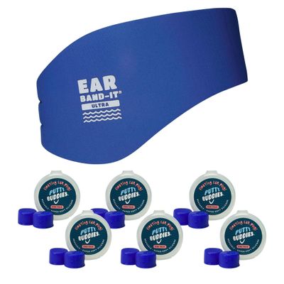 Earvolution Ear Band-It Ultra Swimming Headband & Floating Putty Buddies Silicone Ear Plugs Bundle, Doctor-Invented Waterproof System for Ear Tubes & Swimmer's Ear Prevention - Blue - Small