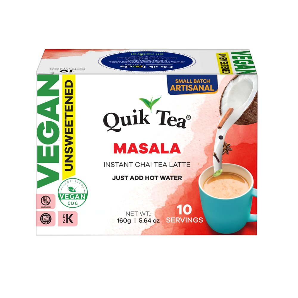 QuikTea Instant Unsweetened Vegan Masala Chai Tea Latte 10 Count, classic latte with authentic chai spices, low Caffeine, no artificial colors, flavors, preservatives Just Add Hot Water