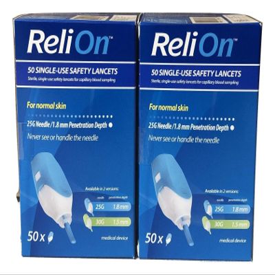 ReliOn Safety Lancets, 6" Tote, Bundle 50 Single Use 25G 2 Pack