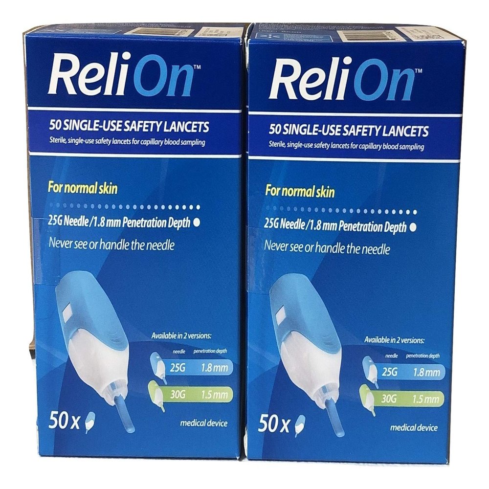 ReliOn Safety Lancets, 6" Tote, Bundle 50 Single Use 25G 2 Pack