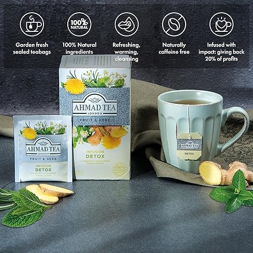 Ahmad Tea Herbal Tea, Ginger, Peppermint, Fennel, Dandelion, & Birch 'Detox' Teabags, 20 ct (Pack of 1) - Decaffeinated & Sugar-Free