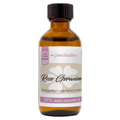Essential Oil  2 fl oz (59 ml) Glass Bottle w/Cap  100% Pure Essential Oil  GreenHealth (Rose Geranium)