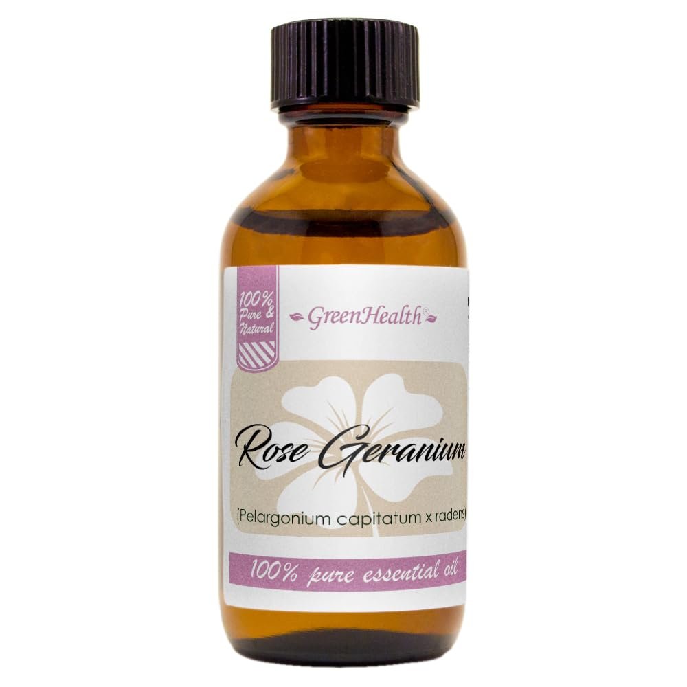 Essential Oil 2 fl oz (59 ml) Glass Bottle w/Cap 100% Pure Essential Oil GreenHealth (Rose Geranium)