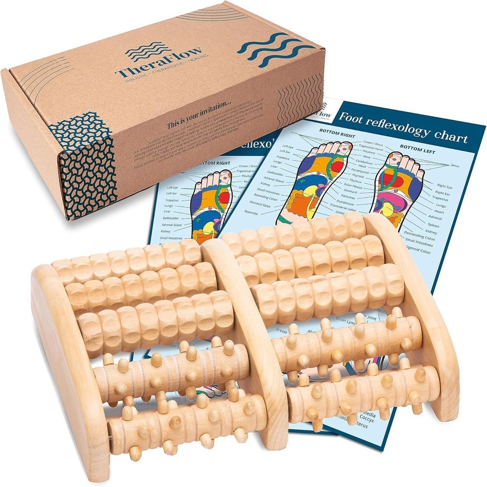 TheraFlow Foot Massager for Plantar Fasciitis Relief - Mom Gifts for Women & Gifts for Dad, Wooden Foot Roller Massager with Deep Tissue & Reflexology Nubs (Includes Reflexology Chart)