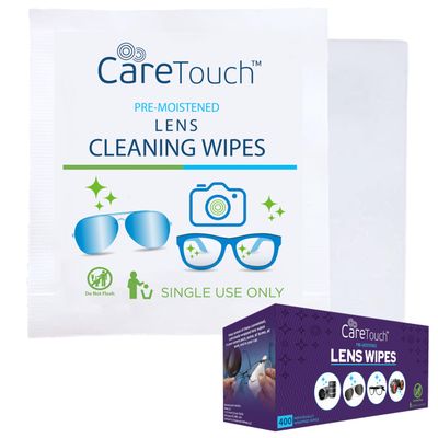 Care Touch Lens Wipes for Eyeglasses- 400 Count Individually Wrapped Pre- Moistened Wipes, 5 x 6 Inch- Camera Lens, Sunglasses and Glasses Cleaner,- Gentle and Portable for Cleaning of Optical Devices