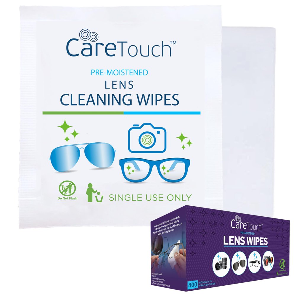 Care Touch Lens Wipes for Eyeglasses- 400 Count Individually Wrapped Pre- Moistened Wipes, 5 x 6 Inch- Camera Lens, Sunglasses and Glasses Cleaner,- Gentle and Portable for Cleaning of Optical Devices