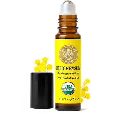Silk Road Organic Helichrysum Italicum Essential Oil Roll on for Skin Care, Wrinkles, Scars, Bruises - USDA Certified Immortelle Oil 10ml Aromatherapy Roller - Always Pure, Always Organic