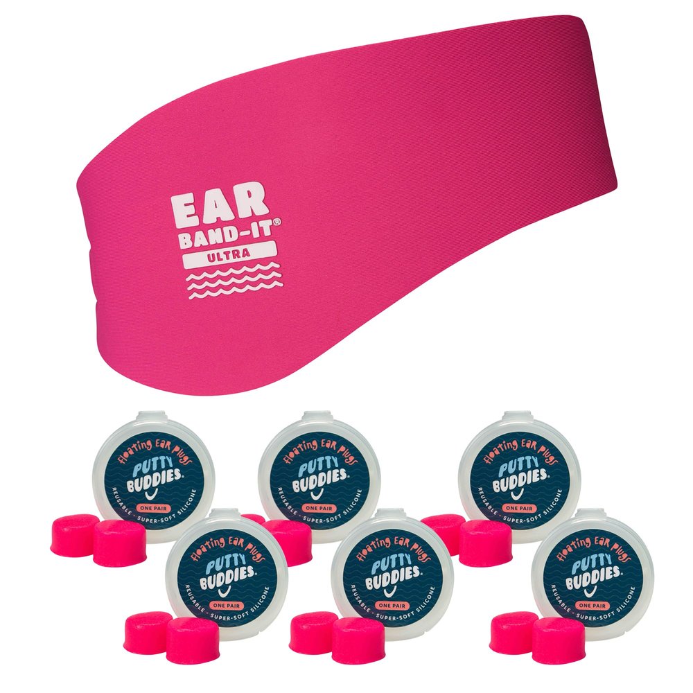 Earvolution Ear Band-It Ultra Swimming Headband & Floating Putty Buddies Silicone Ear Plugs Bundle, Doctor-Invented Waterproof System for Ear Tubes & Swimmer's Ear Prevention - Hot Pink - Large