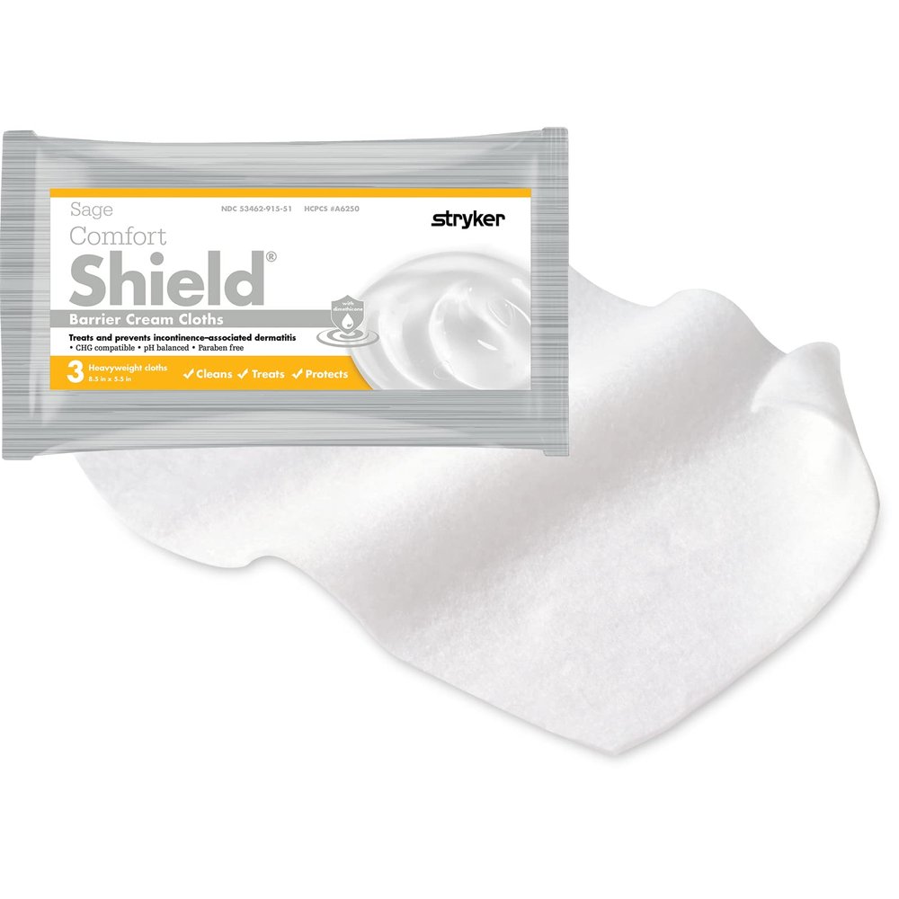Stryker - Sage Comfort Shield Barrier Cream Cloths with Dimethicone - 50 Packages, 150 Cloths  One-step Wipes Clean, Treat and Protect Skin from Incontinence Irritation, Hypoallergenic