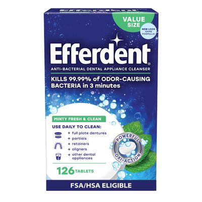 Efferdent Denture Cleaner Tablets  Dental Appliances, Aligners, Mouth Guard, and Retainer Cleaner Tablets, Minty Fresh & Clean, 126 Count