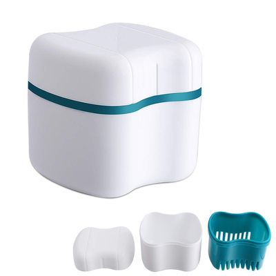 faruijie Denture Bath Case with Basket Denture Bath Cleaning Box Container Soaking Cup Cleaner Retainer Case Holder for Dentures for False Teeth