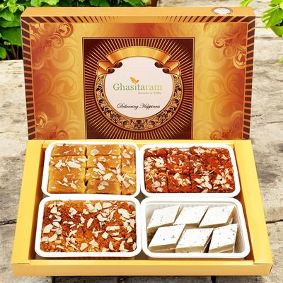 Ghasitaram Gifts Indian Sweets - Diwali Gifts Diwali Sweet - Big Box of Kaju Katli, Mysore Pak, Dodha Barfi and Milk Cake