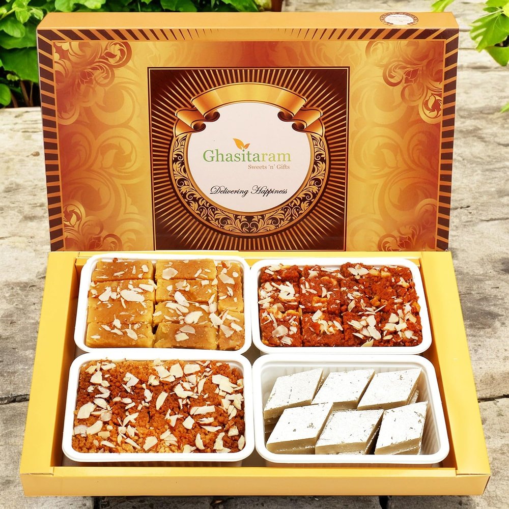 Ghasitaram Gifts Indian Sweets - Diwali Gifts Diwali Sweet - Big Box of Kaju Katli, Mysore Pak, Dodha Barfi and Milk Cake