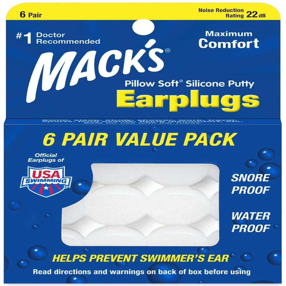 Mack's Pillow Soft Silicone Earplugs - 6 Pair, Value Pack  The Original Moldable Silicone Putty Ear Plugs for Sleeping, Snoring, Swimming, Travel, Concerts and Studying | Made in USA