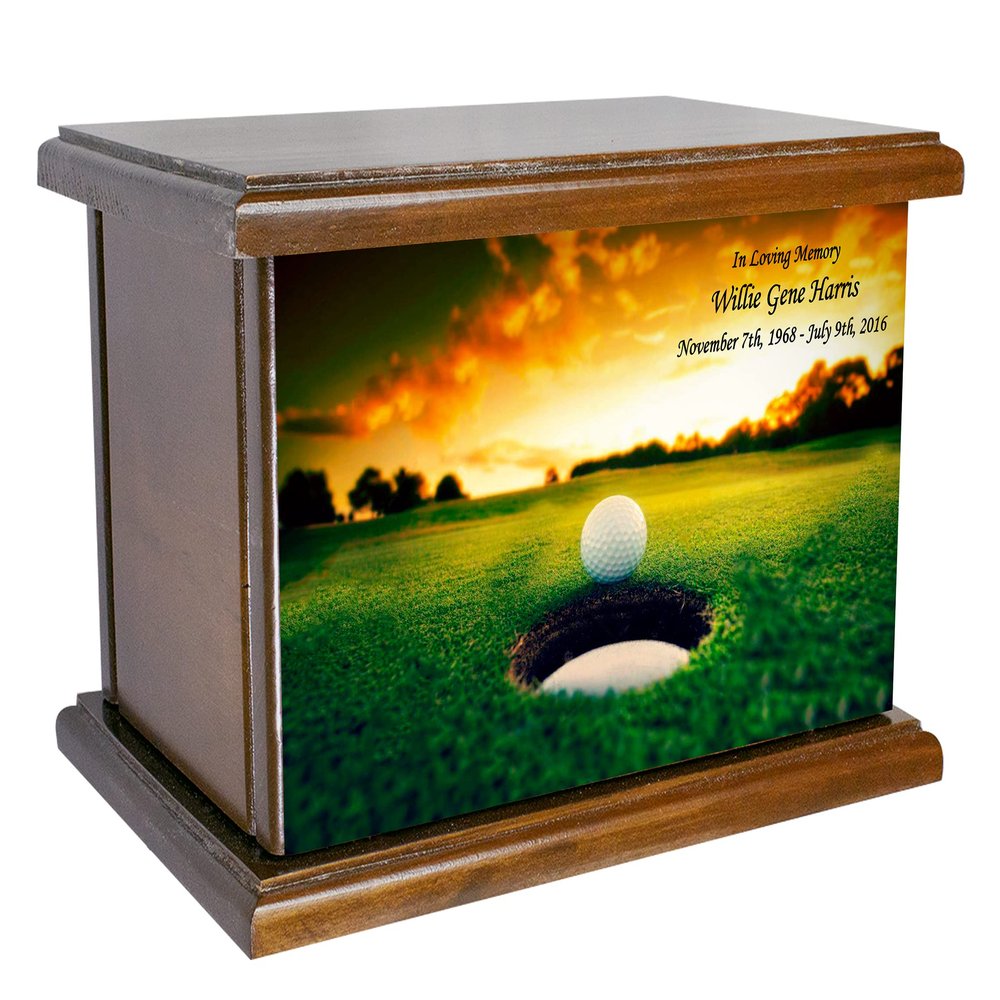 Cremation Urn, Wood Funeral Urn, Golf Wooden Urn with Personalized Engraving, Golfing