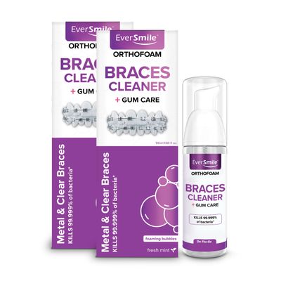 EverSmile OrthoFoam Braces Cleaner  Brushable Foam Whitens Teeth, Eliminates Bacteria, Fights Plaque and Bad Breath  Cleans Under Metal, Ceramic, Clear Brackets and Wires  50ml (2 Pk)