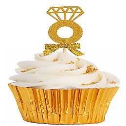 12pack Gold Ribbon Gold Glitter Diamond Shaped Wedding Ring Elegant Cupcake Decoration Topper