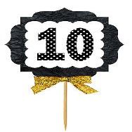 10th Birthday Anniversary Gold Ribbon Novelty Cupcake Appetizer Decoration Toppers / Picks -12ct