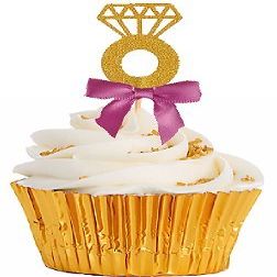 12pack Rose Pink Ribbon Gold Glitter Diamond Shaped Wedding Ring Elegant Cupcake Decoration Topper