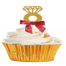 12pack Red Ribbon Gold Glitter Diamond Shaped Wedding Ring Elegant Cupcake Decoration Topper