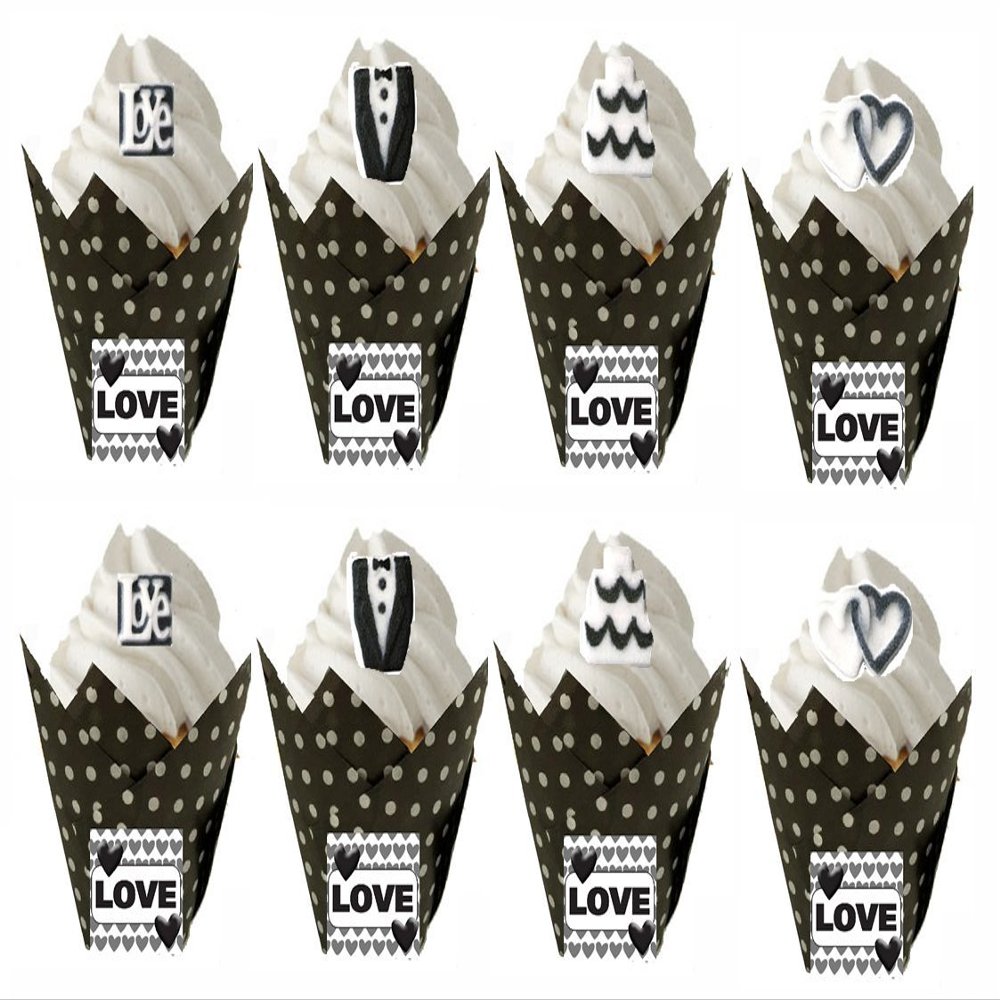 12pack Black Polka Dots Cupcake Decorating Liners with Wedding Cupcake Sugars Decorations -12ct