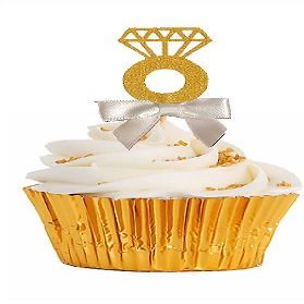 12pack White Ribbon Gold Glitter Diamond Shaped Wedding Ring Elegant Cupcake Decoration Topper