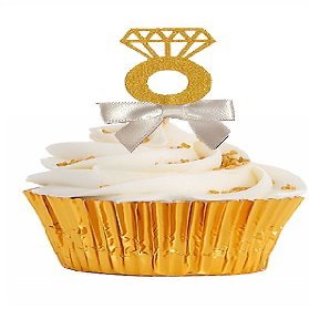 12pack White Ribbon Gold Glitter Diamond Shaped Wedding Ring Elegant Cupcake Decoration Topper