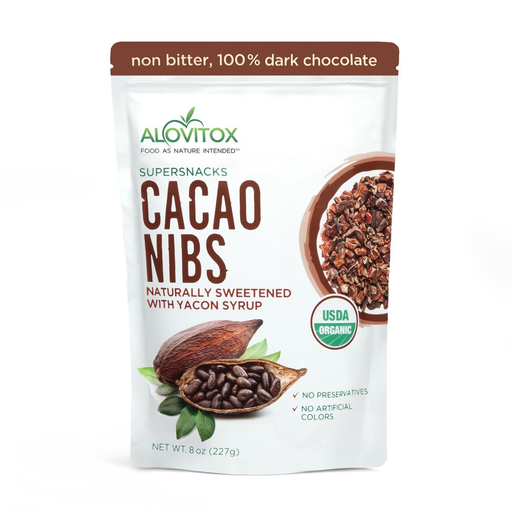 Alovitox Cacao Nibs With Organic Yacon Syrup | Healthy Protein Bite Snack (Raw, Non-GMO, Sugar Free, Keto, Paleo, Gluten Free & Vegan) | Antioxidant With Criollo Chocolate Extracts | 8 Oz