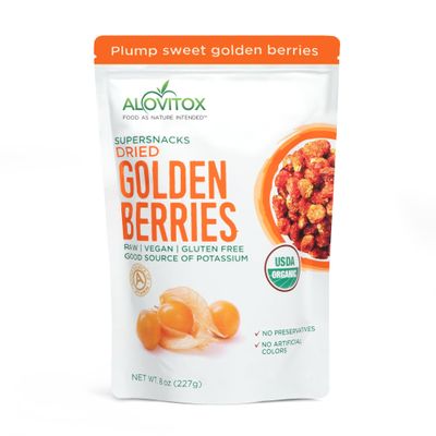 Alovitox Sun Dried Golden Berries | Raw, Fresh & Organic | 1 oz Contains 2g Protein & 5g Fiber, Low-Calorie & Glycemic Index | With Potassium, Iron, Vitamins A & C | Gluten-Free, Vegan | 8 oz