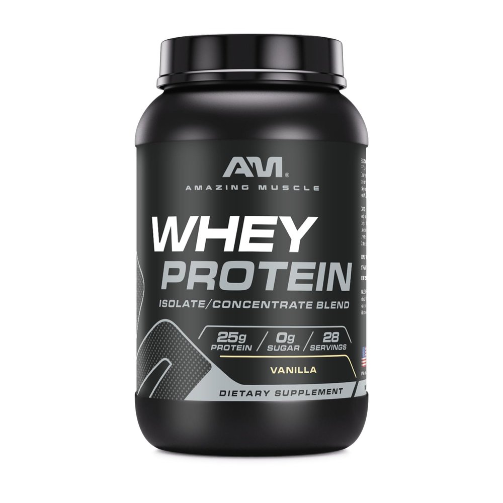 Amazing Muscle 100% Whey Protein Powder *Advanced Formula with Whey Protein Isolate as a Primary Ingredient Along with Ultra Filtered Whey Protein Concentrate (Vanilla, 2 lb)