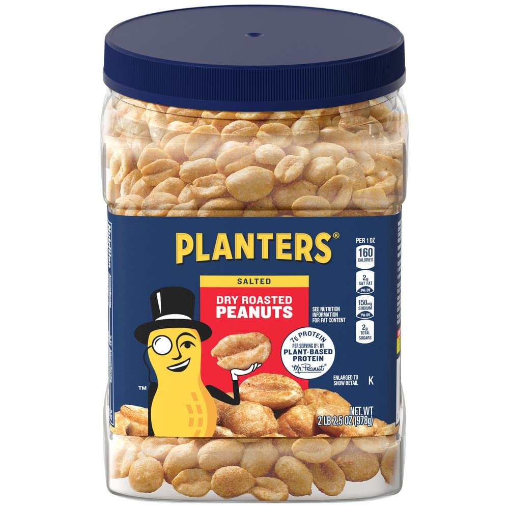 PLANTERS Dry Roasted Peanuts,Resealable Plastic Jars - Peanuts with Sea Salt - Peanut Snacks - Shareable Snacks - Heart Healthy Snacks for Adults - Kosher, 34.5 oz(Pack of 3)