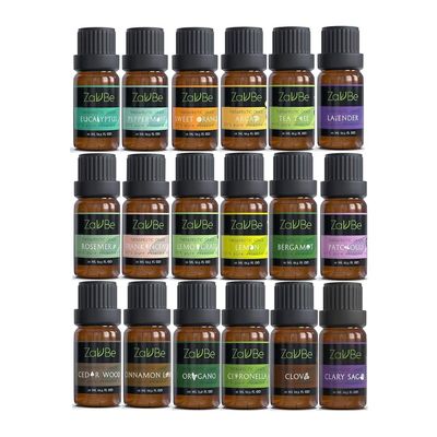 MABUA 18 Essential Oil Set with 20 Holes Case 100% Diffuser Lavender Lemon Peppermint TeaTree Argan Frankincense Bergamot Lemon